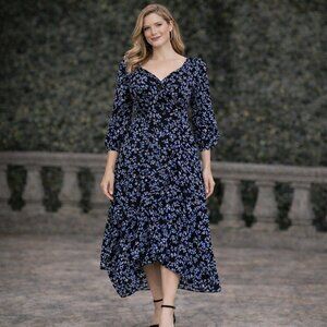 LUSH Maxi Dress Women Medium Faux Wrap Long Sleeve Blue Floral Dress